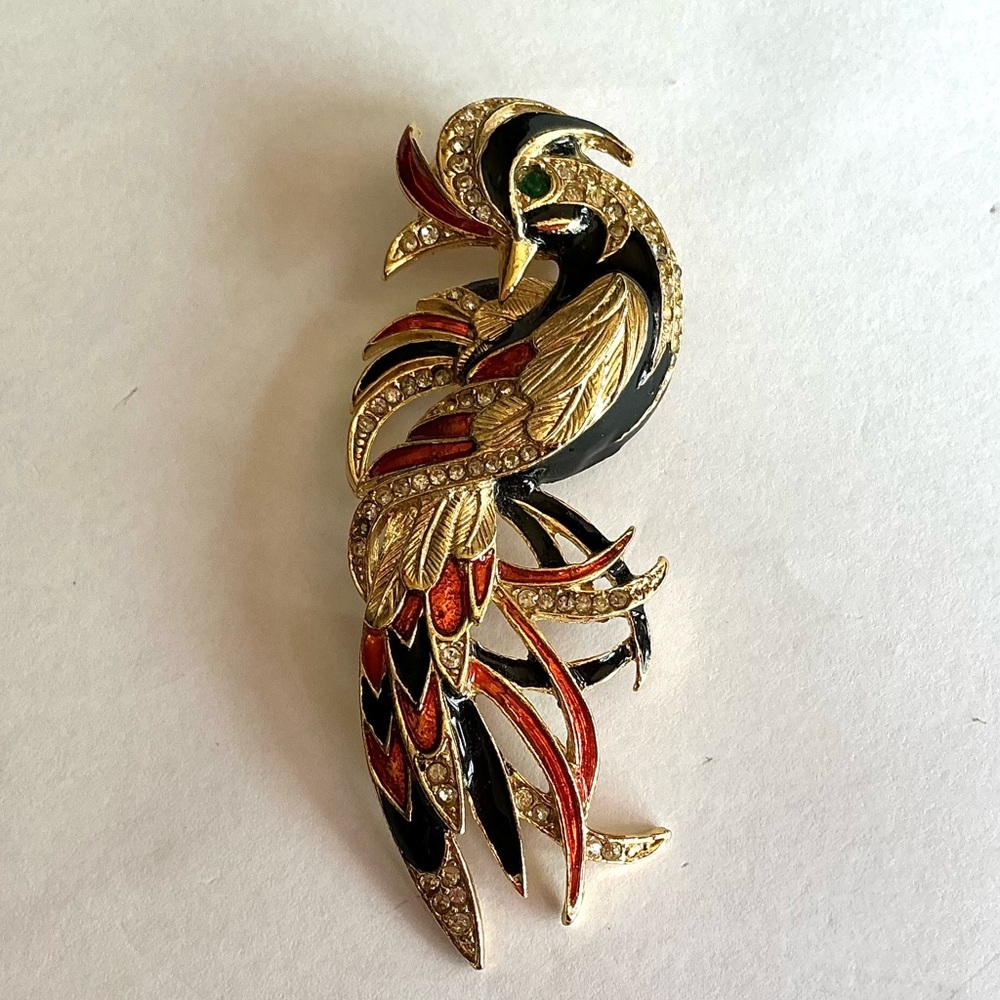 VintageElegant Gold and Black Bird of Paradise Brooch-Enamel, pave crystal